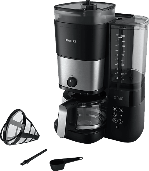 Philips All-in‑1 Filterkaffeemaschine — integriertes Kegelmahlwerk für frische Bohnen — Zubereitung in einer 1,25-L-Glaskanne oder direkt in einer Tasse, Auswahl der Intensität (HD7900/50)