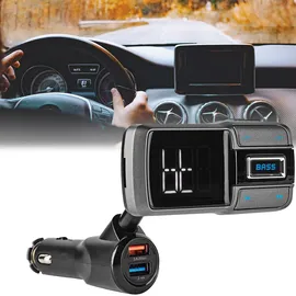 Nedis Audio Transmitter - Bluetooth 5.0 UKW-Sender für Playlists - Freisprechfunktion - 2 USB-Ladeanschlüsse (3.0A, 2.4A) - Flexibler Schwanenhals - LED-Display