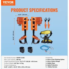 Vevor Baumkletterspikes-Set, 1 Paar Klettersporne aus legiertem Stahl mit Sicherheitsseil und Sicherheitsgurt, 350 lbs Tragkraft, Baumkletterausrüstung, Baumpflegeausrüstung für Kletterer, Obstpflücken, Orange