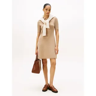 Strickkleid TOMMY HILFIGER "SOFT WOOL HALF SL F&F POLO DRESS", Damen, Gr. L (40), N-Gr, safari canvas heather, Feinstrick, Obermaterial: 100% Wolle, meliert, kurz, Kleider, aus reiner Wolle