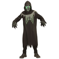Karneval-Klamotten Kostüm Sensenmann Kinder mit grünen leuchtenden Augen, Halloween Kapuzenumhang schwarz mit Skelett Aufdruck und Handschuhen grau|grün|schwarz