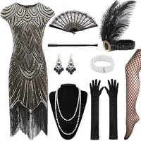 XCMVCN 12 Stück 1920er Charleston Kleid Jahre Pailletten Perlen Fransen Gatsby, Kleid mit 20er Jahre Accessoires, Cocktailkleid,Faschingskostüm Erwachsener (Schwarz+Rot,XXL)