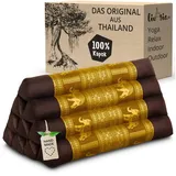 Livasia Rückenstützkissen Thaiseide - 32x55x30cm - Dreieckskissen für Garten und Balkon, Keilkissen mit Kapok, handgefertigt, Meditationskissen (Braun/Gold/Elefanten Seide)