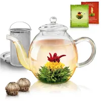 Creano Teekanne Teekanne aus Glas 1,0l - 2 Teeblumen - mit Edelstahl-Sieb und Deckel