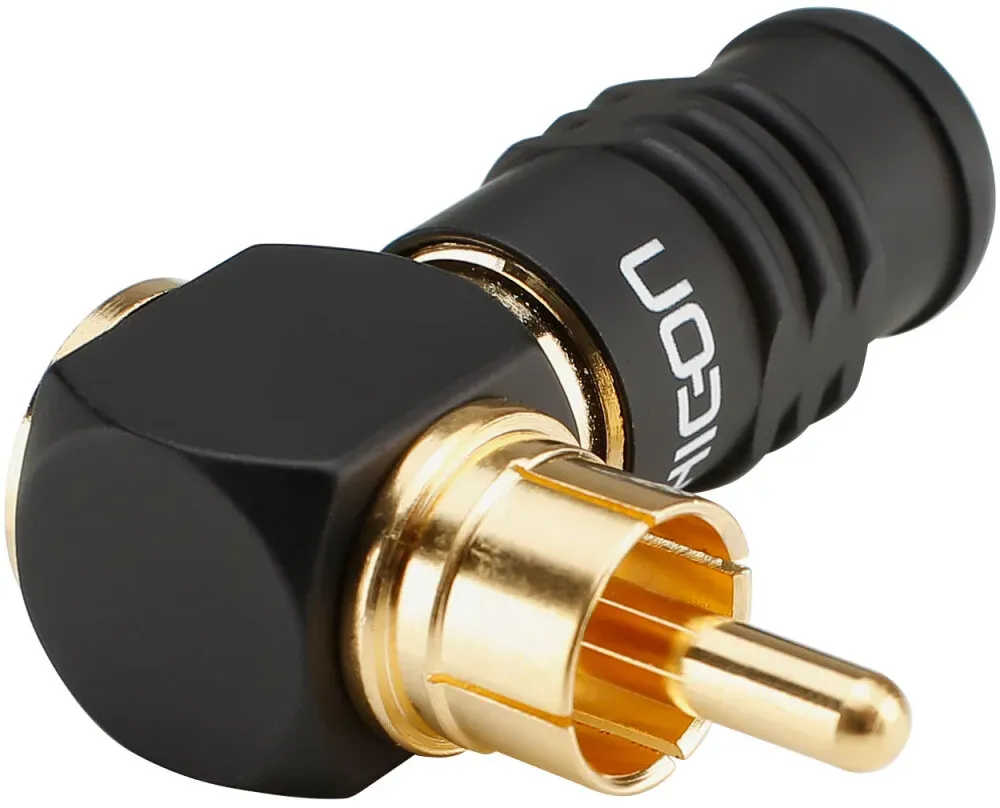 HICON Cinch (RCA) screw & play, 2-pol , Metall-, Schraubkontakt-Kabelstecker, echtvergoldete(r) Kontakt(e), abgewinkelt 90°, schwarz