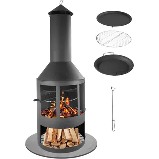 Lemodo Gartenkamin mit Grillrost und Pfanne, Outdoor-Kamin 136 cm mit Funkenschutztür, Grillkamin für Holz mit Schornstein, Terrassenofen mit Holzablage, Feuerstelle und Gartenofen