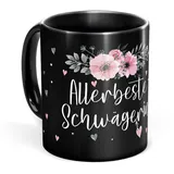Tassendruck Schwarze Tasse mit Spruch für die allerbeste Schwägerin - Tasse bedruckt mit Spruch - Geschenk für Schwägerin, Geschenk Familie | Schwarze Fototasse, 300 ml