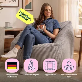 I.C.O.N. Icon Sitzsack Sessel für Erwachsene, Grau, Flauschiger Cord Stoff, Riesen Sitzsack Cord mit Füllung, Bean Bag Chair, Bequemer Sessel Wohnzimmer, Lounge, Schlafzimmer, Büro