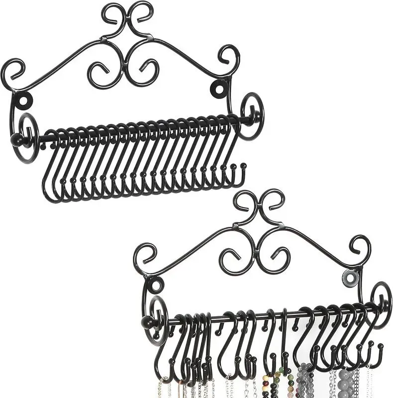 MyGift Set aus 2 Schmuckorganisatoren - Wandmontierter Schwarzer Metall-Schmuckhalter Schmuckdisplay Aufbewahrungsregal mit 20 Hängenden S-Haken