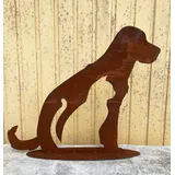 steinfigurenwelt gieben Gartenfigur sitzender Hund mit Katze 50x58cm auf Platte Silhouette Edelrost Gartendeko Rost Metall Rostfigur Tier Gartendekoration von Steinfigurenwelt (Hund)