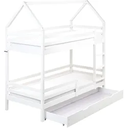Hochbett mit Schubladen Haus Kiefernholz GIRGOLS 90 x 200 cm mit Stauraum Weiß