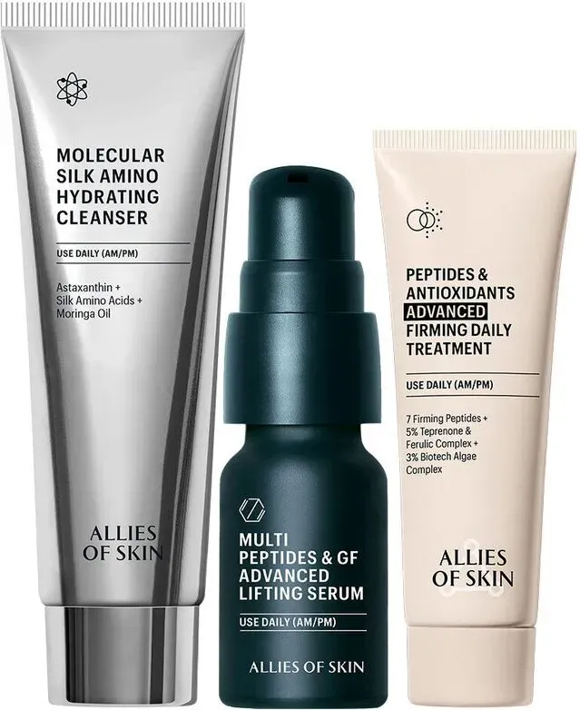 ALLIES OF SKIN 7 Tage zu strafferer Haut Kit Set Molecular Silk Amino Hydrating Cleanser 25ml, Multi Peptides & GF Advanced Lifting Serum 7ml, Peptides & Antioxidants Advanced Firming Daily Treatment 12ml