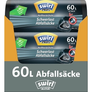 Swirl® Schwerlastsäcke PROFI, 60 Liter, Extrem reißfeste und tropfsichere Abfallsäcke, 1 Karton = 8 Rollen à 12 Stück