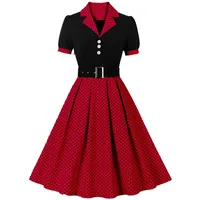 Frauen Vintage Kleid Damen 50er 60er A Linie Rockabilly Kleider Damen Cocktail Party Swing Kostüm Kleider Damen Hausfrau Plissee Kleid 1950er Jahre Polka Dot Kleid Gürtel Freizeitkleid, rot, XX-Large - XXL