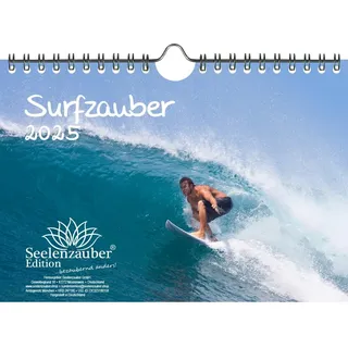 Surfzauber DIN A5 Wandkalender für 2025 Surfer surfen Strand Urlaub - Set-Inhalt: 1x Kalender 1x Weihnachtsanhänger 1x Grußanhänger (gesamt 3 Teile)