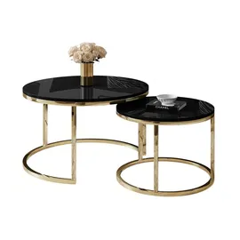 Lukmebel Couchtisch rund 2er Set - CIRI 2in1 - Beistelltisch rund - Kaffetisch - Industrial Deko - Deko Wohnzimmer - Kleiner Beistelltisch - Sofatisch - Couchtisch Schwarz Hochglanz