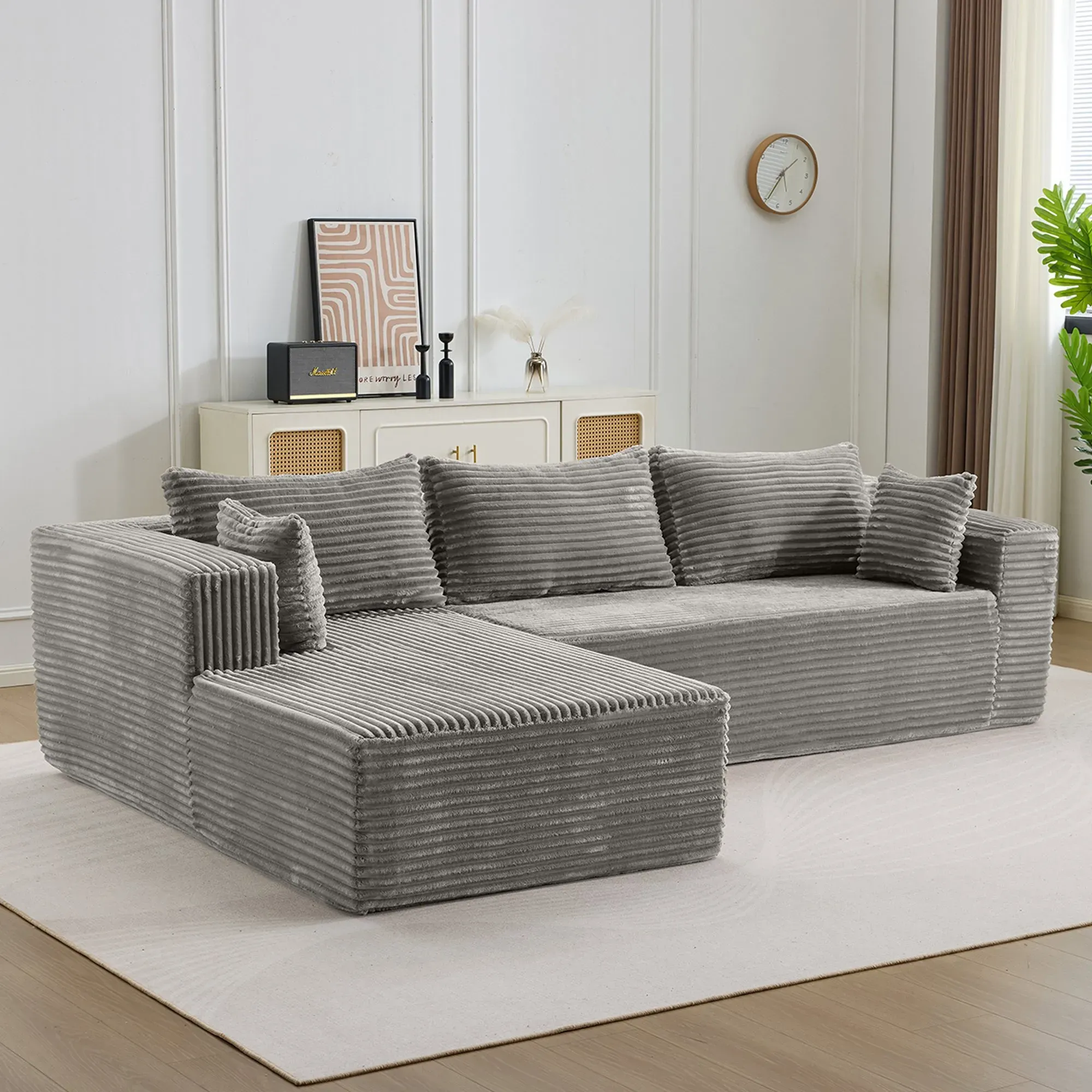 Compression Sectional Couch with Comfy Chaise, Boneless L Shape Sofa with Deep Seat, Minimalist Modular Couches Sleeper for Living Room Bedroom Apartment Lounge,corduroy,Grey