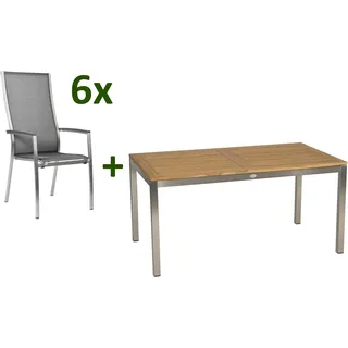 STERN Cardiff Garten-Essgruppe, silber/silbergrau, Edelstahl/Textilen/Teakholz/Alu, 162/220 x 90 cm, 6 Stapelsessel, Butterfly-Auszug