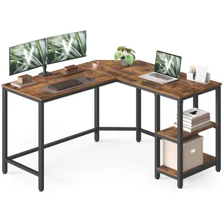 VASAGLE Schreibtisch, L-förmiger Computertisch, 120 x 130 x 76 cm, Eckschreibtisch mit 2 Ablagen, platzsparender Bürotisch, Homeoffice, Gaming, vintagebraun-tintenschwarz
