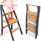 Goodevas Holz Lernleiter Montessori platzsparend: Klappbare Lernleiter, Hocker für Kinder, Faltbare Kindertreppe, Lernleiter mit Kippschutz