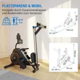 capital sports Rudergerät für Zuhause, Kompakter Rowshaper, Rudergerät Klappbar mit 8 Stufen, LCD-Monitor, Bodenrollen, Row Shaper mit
