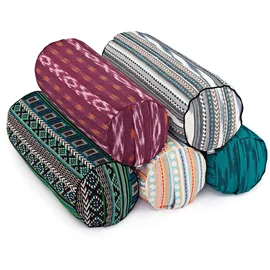 Bodhi Ethno Collection: Yoga-Bolster (rund), Ikat-Webstoff, schwarz-weiß-blau gem., Dinkelhülsen bunt|grau No Size
