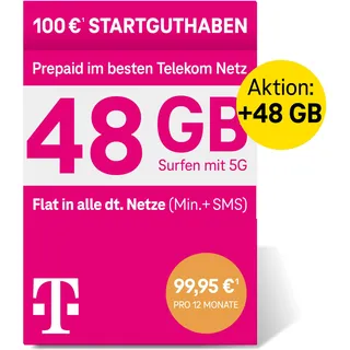 Telekom MagentaMobil Prepaid 5G Jahrestarif SIM-Karte I 96 GB Datenvolumen (8 GB/Monat) & Flat (Min, SMS) in alle dt. Netze + EU-Roaming I Surfen mit 5G/ LTE Max & Hotspot Flat I 100 EUR Startguthaben