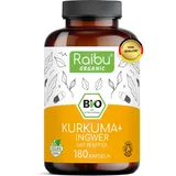 Raibu BIO Kurkuma + Ingwer Kapseln mit Schwarzem Pfeffer - 180 Hochdosierte Curcuma Komplex Kapseln - Bio-Qualität, Ohne Zusätze & Vegan aus Deutscher Produktion