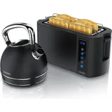 Arendo Frühstücks-Set, Wasserkocher Edelstahl 1,7l, 4 Scheiben Langschlitztoaster, 4 Scheiben Toaster, Frühstücksset, Wasserkocher Retro, Bröt... - Schwarz