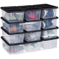 12 x Schuhbox Kunststoff, stapelbar, durchsichtige Aufbewahrungsboxen mit Deckel, HxBxT: 12,5 x20 x 34,5 cm, schwarz