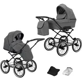 KUNERT Kinderwagen ROMANTIC retro Sportwagen Babywagen Autositz Babyschale Komplettset Kinder Wagen Set 2 in 1 und 3 in 1 (grau- schwarz rahmen, 2in1)