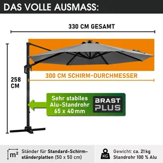 BRAST Alu Sonnenschirm Ampelschirm Ø300cm drehbar & höhenverstellbar TÜV geprüft