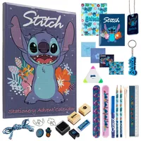 Disney Stitch Adventskalender 2024-24 Überraschungen mit Schreibwaren, Stempel,Zubehör(Blau Stitch Schreibwaren)