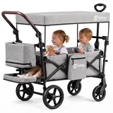 Sekey Bollerwagen Faltbar mit Dach Kinder Bollerwagen mit XXL-Rädern (24/20 cm), mit Zieh-/Schiebegriff, Grau - Grau