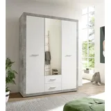 Stella Trading STONE Eleganter Kleiderschrank mit viel Stauraum & Spiegeltür - Vielseitiger Drehtürenschrank in Beton-Optik & Weiß - 151 x 198 x 55 cm (B/H/T)