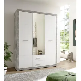 Stella Trading STONE Eleganter Kleiderschrank mit viel Stauraum & Spiegeltür - Vielseitiger Drehtürenschrank in Beton-Optik & Weiß - 151 x 198 x 55 cm (B/H/T)