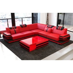 Sofa Dreams Ecksofa Ledercouch Sofa Leder Ragusa L Form Ledersofa, Couch, mit LED, Designersofa rot|schwarz
