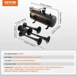 Vevor Zughupen-Set, 4 Trompeten-Lufthupen-Set, 150 dB Zughupen für Pickup-Trucks, 12 V 120 psi Luftkompressor, 3 L Tank mit Manometer für jedes 12 V Fahrzeug, Auto, LKW, Zug, Van, Boot usw. Schwarz