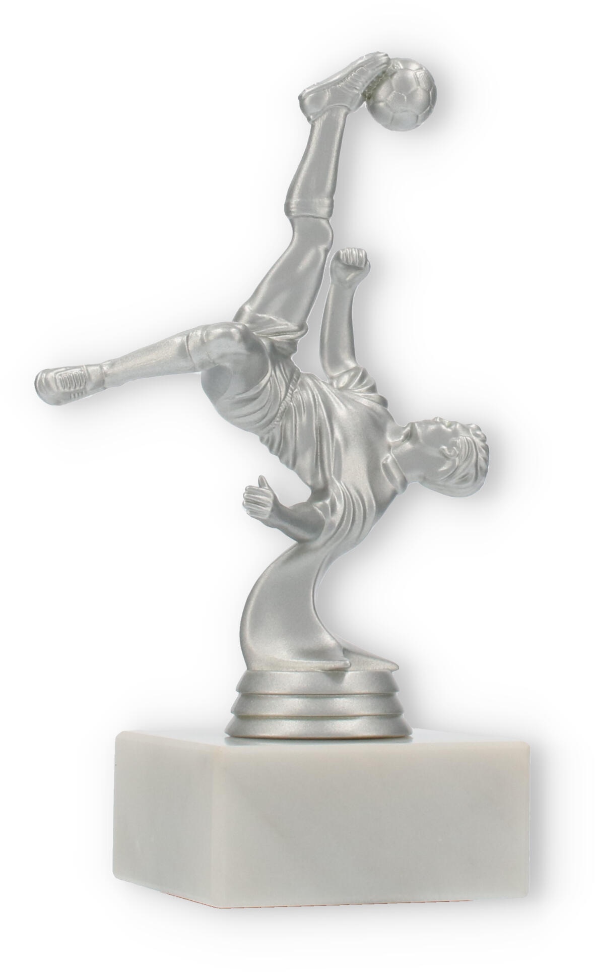 Pokal Kunststofffigur Fallrückzieher silbermetallic auf weißem Marmorsockel 16,6cm