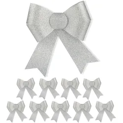 Relaxdays Schleife, 10er Set, große Zierschleife, Geburtstag, Weihnachten, Geschenk, glitzernde Dekoschleifen, silber