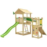 Jungle Gym Spielturm JUNGLE GYM "Fortress", grün (hellgrün), Spieltürme, KinderB:373cm H:318cm T:397cm, Holz, Spielanlage mit 2 Türmen, Brücke und Rutsche mit Wasseranschluss, B:373cm H:318cm T:397cm