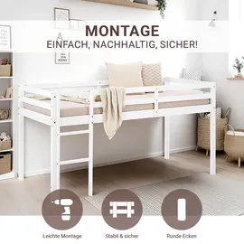 Homestyle4u Hochbett 90 x 200 cm Kiefer massiv lackiert weiß grau