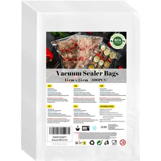 WECUTE Vakuumierbeutel 15x25 cm, 100 Beutel Vakuumbeutel Lebensmittel, Folienbeutel für Jedes Folienschweißgerät Vakuumiergerät, Wiederverwendbar Sous Vide Gefrierbeutel, BPA-frei