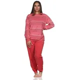 Normann Pyjama Damen Frottee Schlafanzug mit Bündchen in elegantem Streifendesign rot 60-62