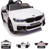 ES-Toys Elektro Kinderfahrzeug "BMW M5" - lizenziert - 12V7A Akku, 2 Motoren- 2,4Ghz Fernsteuerung, MP3, Ledersitz+Eva weiss