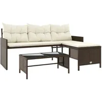 vidaXL Gartensofa in L-Form mit Tisch und Kissen Braun Poly Rattan