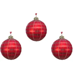 3 Weihnachtskugeln 8cm Glas mit Motiv Glitzer Streifen Christbaumkugeln rot