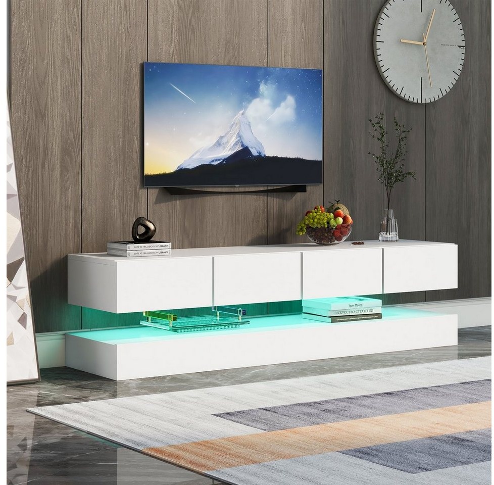 Merax Lowboard mit Sockelement, 16 Farben LED-Beleuchtung, TV-Ständer (2 St), TV -Schrank mit offenen Fächern und 4 Schubladen, Fernbedienung weiß