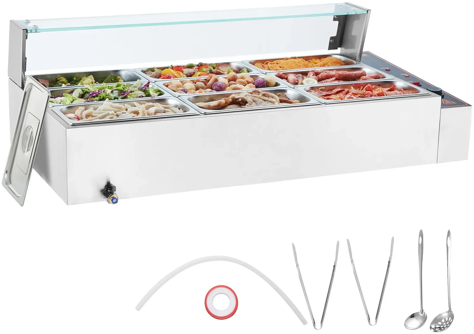 VEVOR kommerzieller Speisenwärmer (9 x 1/3 Größe Behälter), 1,5 kW elektrischer Wärmebehälter aus Edelstahl mit Glasabdeckung & Suppenkelle, Chafing Dishes für Catering Restaurant Party