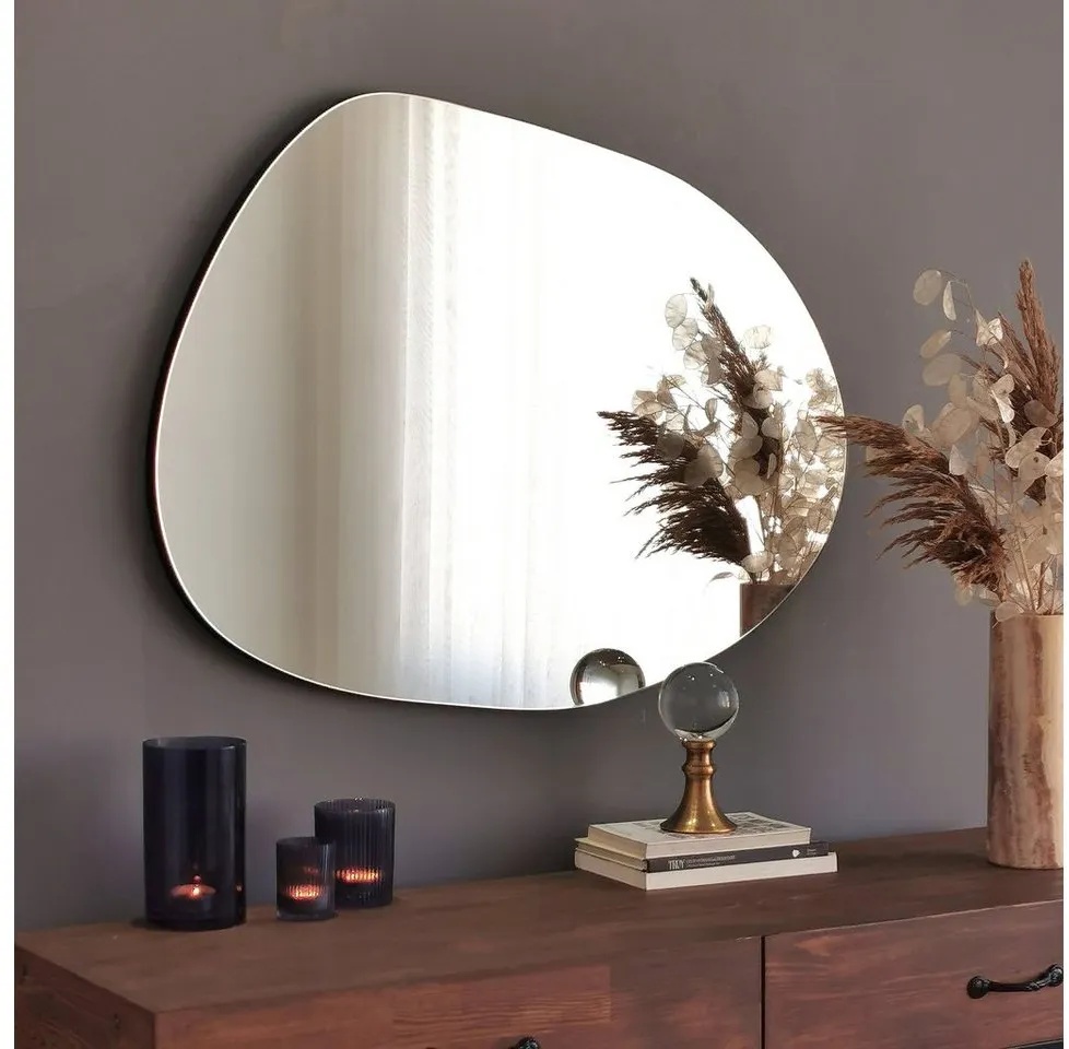 Gozos Spiegel Wandspiegel mit hölzerner Unterseite l Asymmetrischer Spiegel, Mirror Spiegel gerahmt zum Aufhängen Denia - 65 cm x 48 cm